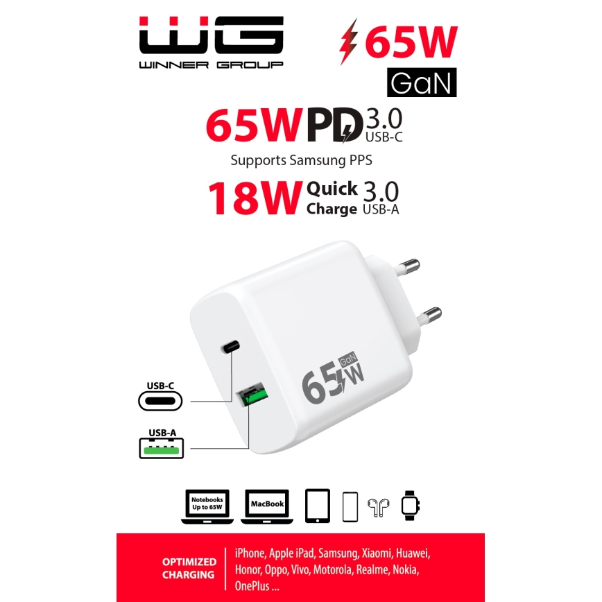 Winner Group - Адаптер за бързо зареждане 1xUSB-C + 1xUSB-A Power Delivery 65W бял