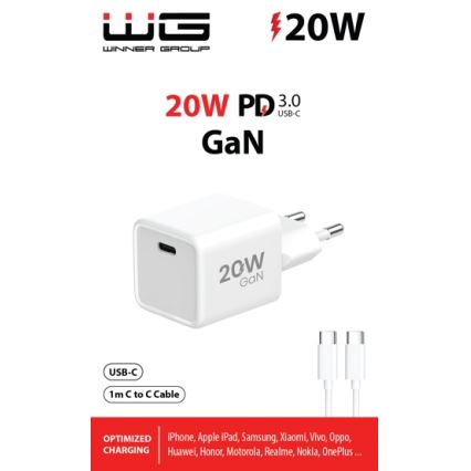 Winner Group- Адаптер за бързо зареждане 1xUSB-C PD 20W + USB кабел USB-C / USB-C 1m