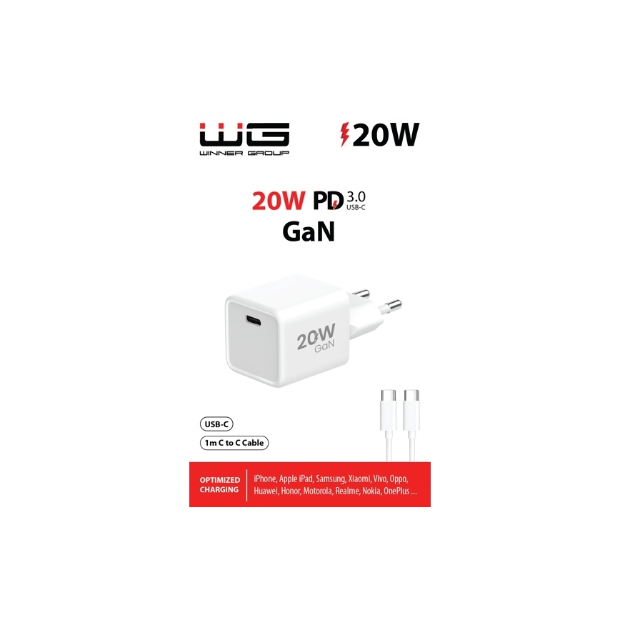 Winner Group- Адаптер за бързо зареждане 1xUSB-C PD 20W + USB кабел USB-C / USB-C 1m