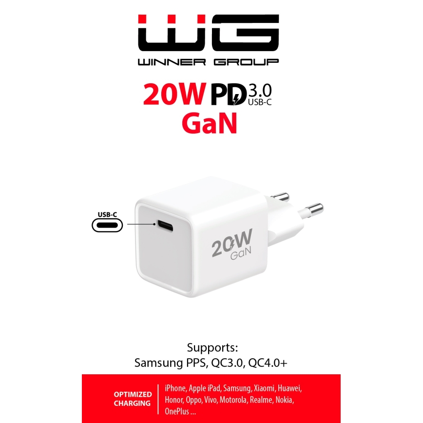 Winner Group - Адаптер за бързо зареждане 1xUSB-C Power Delivery 20W бял