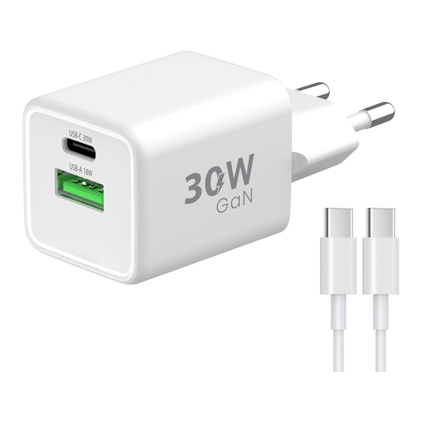 Winner Group - Адаптер за бързо зареждане 2xUSB PD 30W + USB кабел USB-C / USB-C 1m