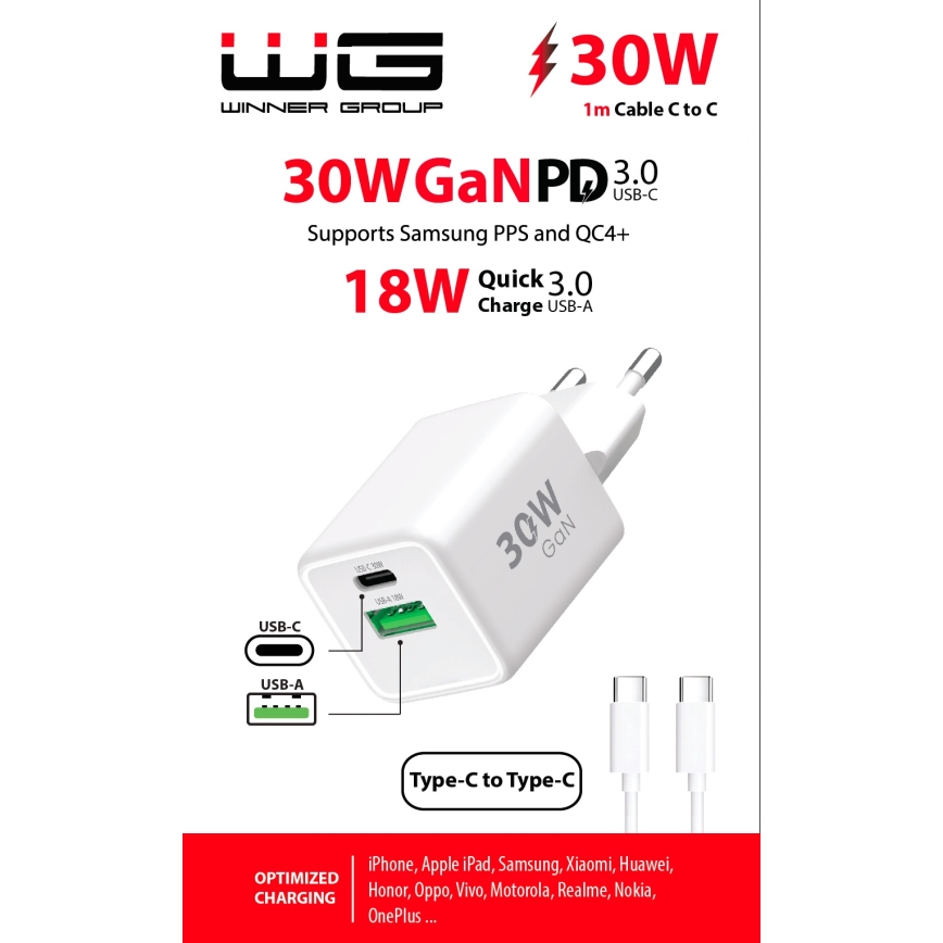 Winner Group - Адаптер за бързо зареждане 2xUSB PD 30W + USB кабел USB-C / USB-C 1m