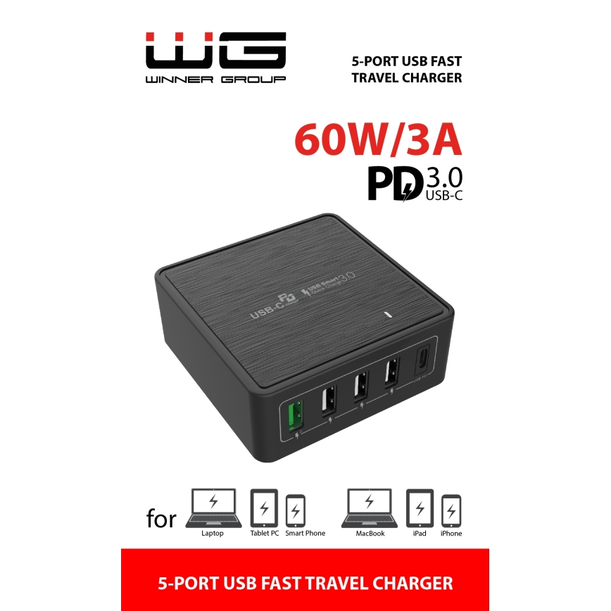 Winner Group - Адаптер за бързо зареждане 5xUSB-C Power Delivery 60W черен