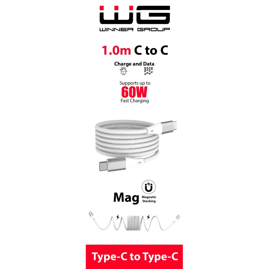 Winner Group - Магнитен USB кабел USB-C / USB-C 60W 1m бял