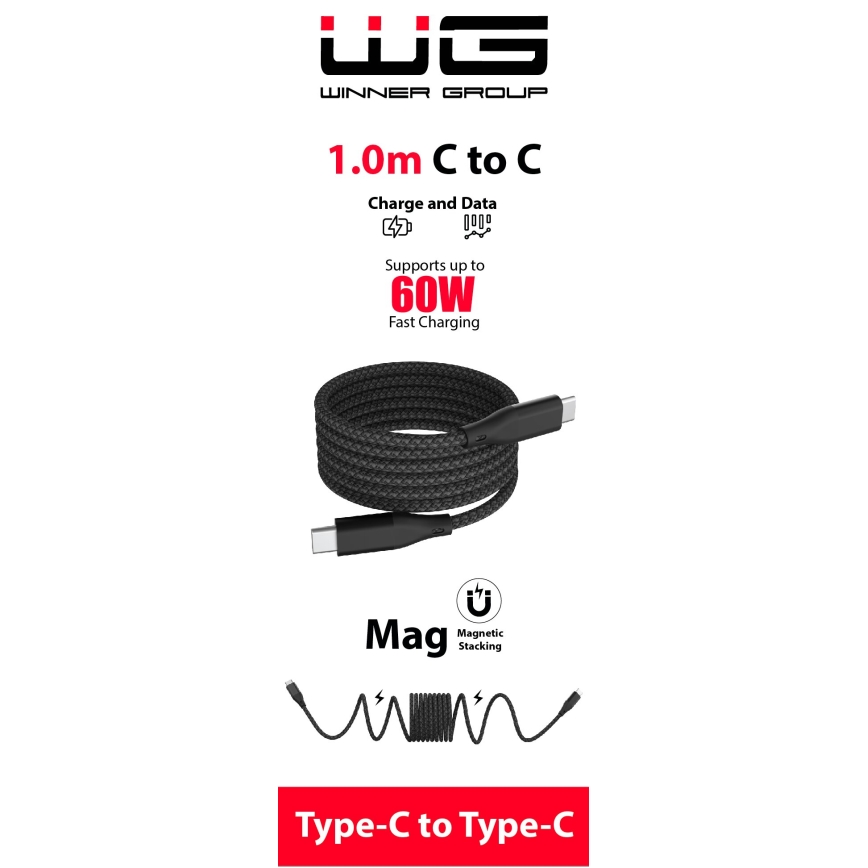 Winner Group - Магнитен USB кабел USB-C / USB-C 60W 1m черен