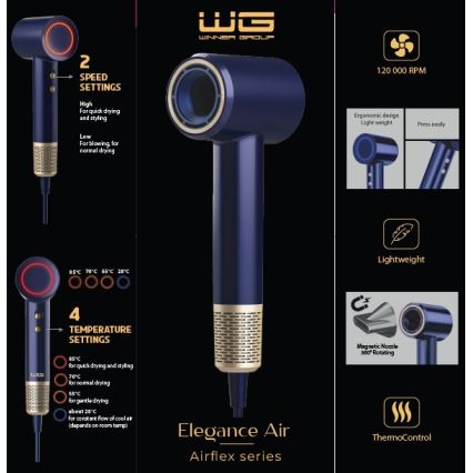 Winner Group - Сешоар за коса с йонизатор Elegance Air 1600W/230V син SCHUKO