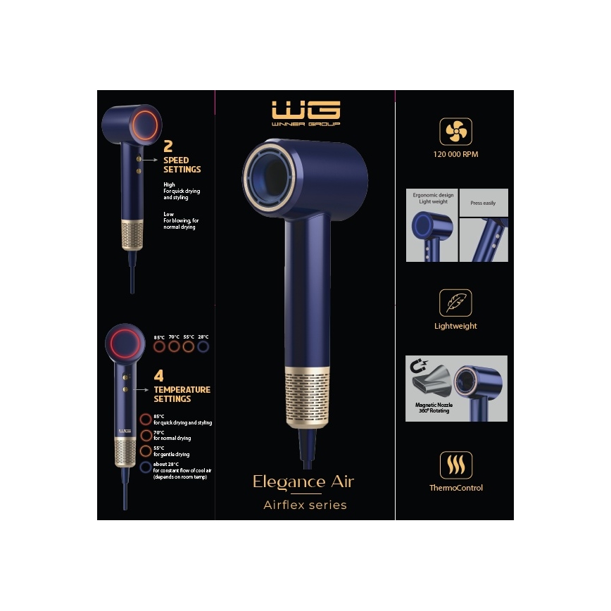 Winner Group - Сешоар за коса с йонизатор Elegance Air 1600W/230V син SCHUKO