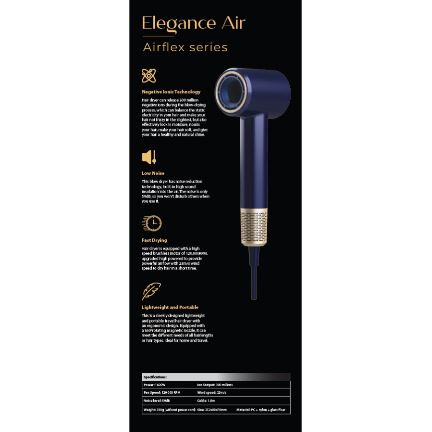 Winner Group - Сешоар за коса с йонизатор Elegance Air 1600W/230V син SCHUKO
