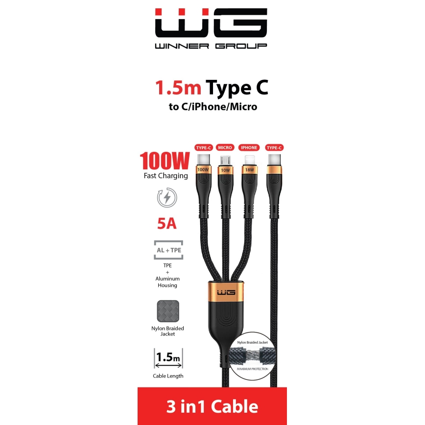 Winner Group -USB кабел 3в1 USB-C / Lightning, USB-C и Micro USB 100W 1,5m черен