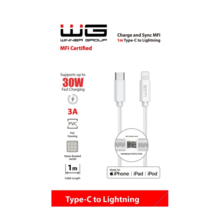 Winner Group - USB кабел MFI Lightning / USB-C 1m бял