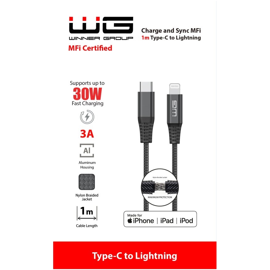 Winner Group - USB кабел MFI Lightning / USB-C 1m черен