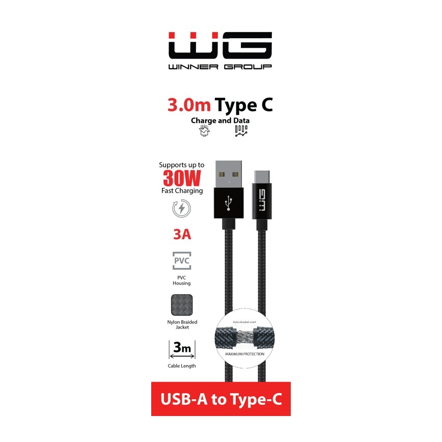 Winner Group - USB кабел USB-C / USB-A 30W 3m черен