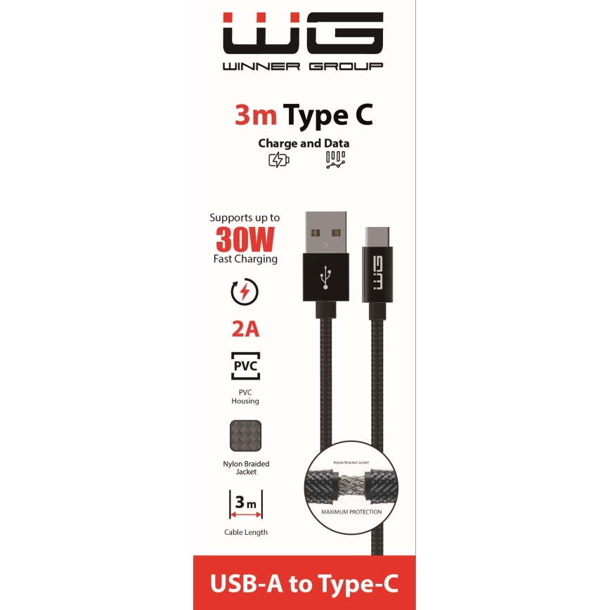 Winner Group - USB кабел USB-C / USB-A 30W 3m черен