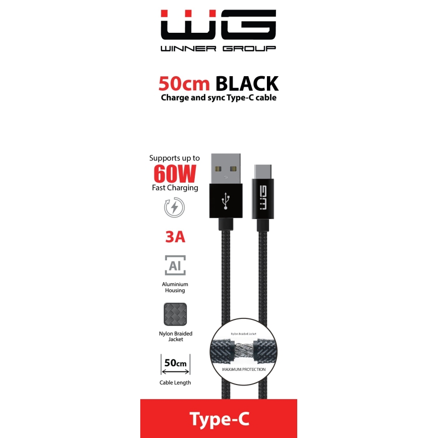 Winner Group - USB кабел USB-C / USB-A 50 см черен