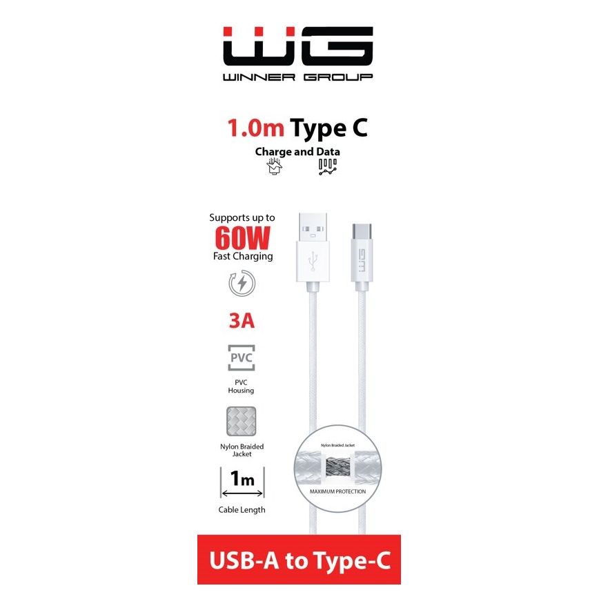 Winner Group - USB кабел USB-C / USB-A 60W 1m бял