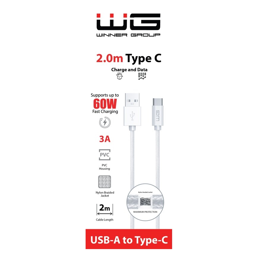 Winner Group - USB кабел USB-C / USB-A 60W 2m бял