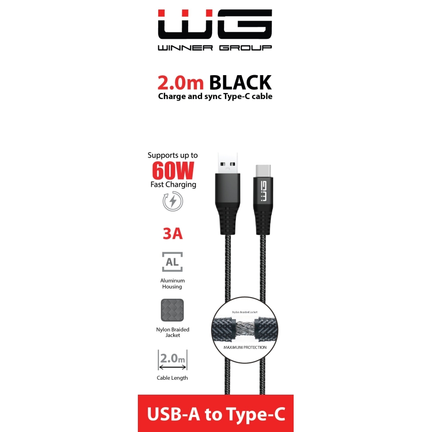 Winner Group - USB кабел USB-C / USB-A 60W 2m черен
