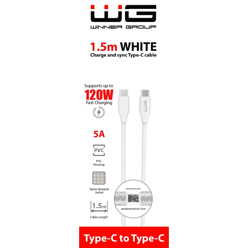 Winner Group - USB кабел USB-C / USB-C 120W 1,5m бял