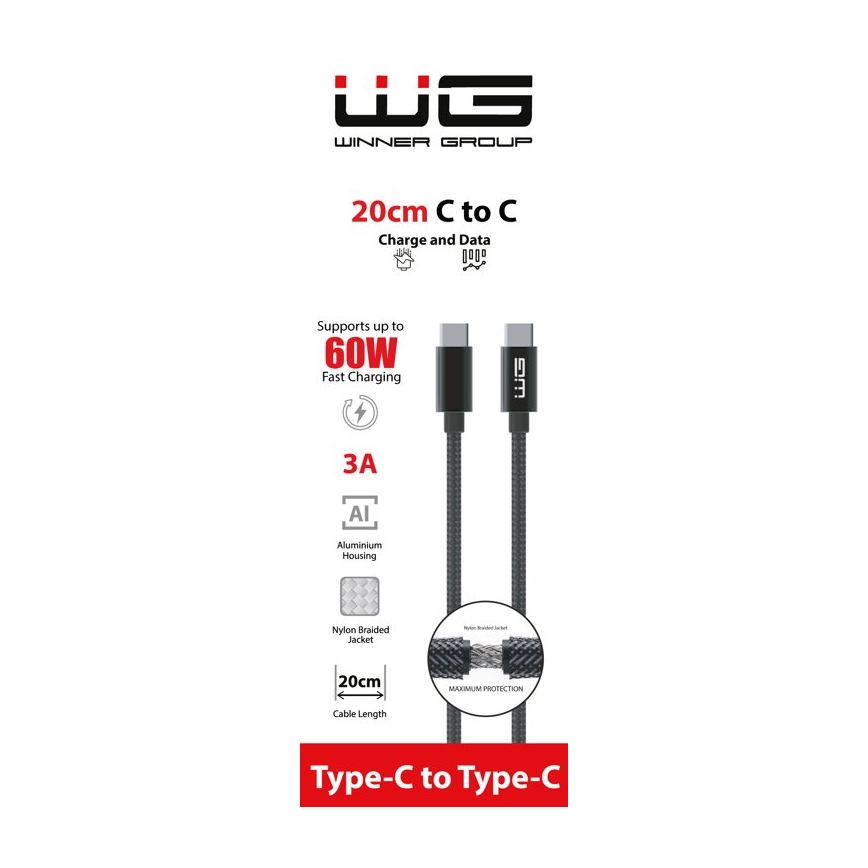 Winner Group - USB кабел USB-C / USB-C 60W 20 см черен