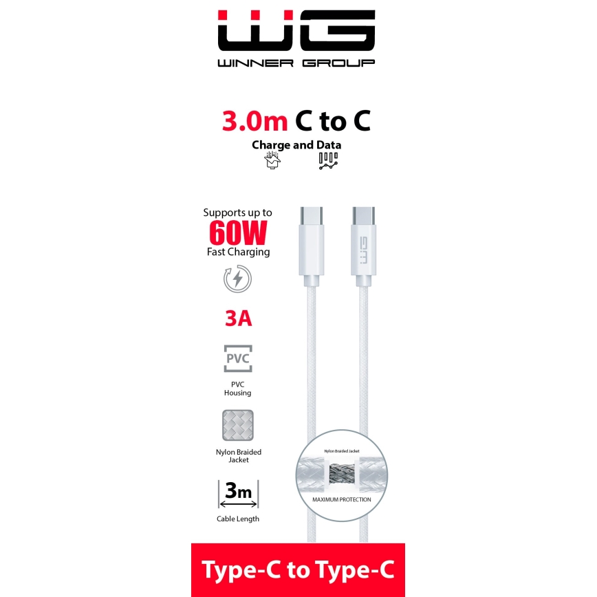 Winner Group - USB кабел USB-C / USB-C 60W 3m бял