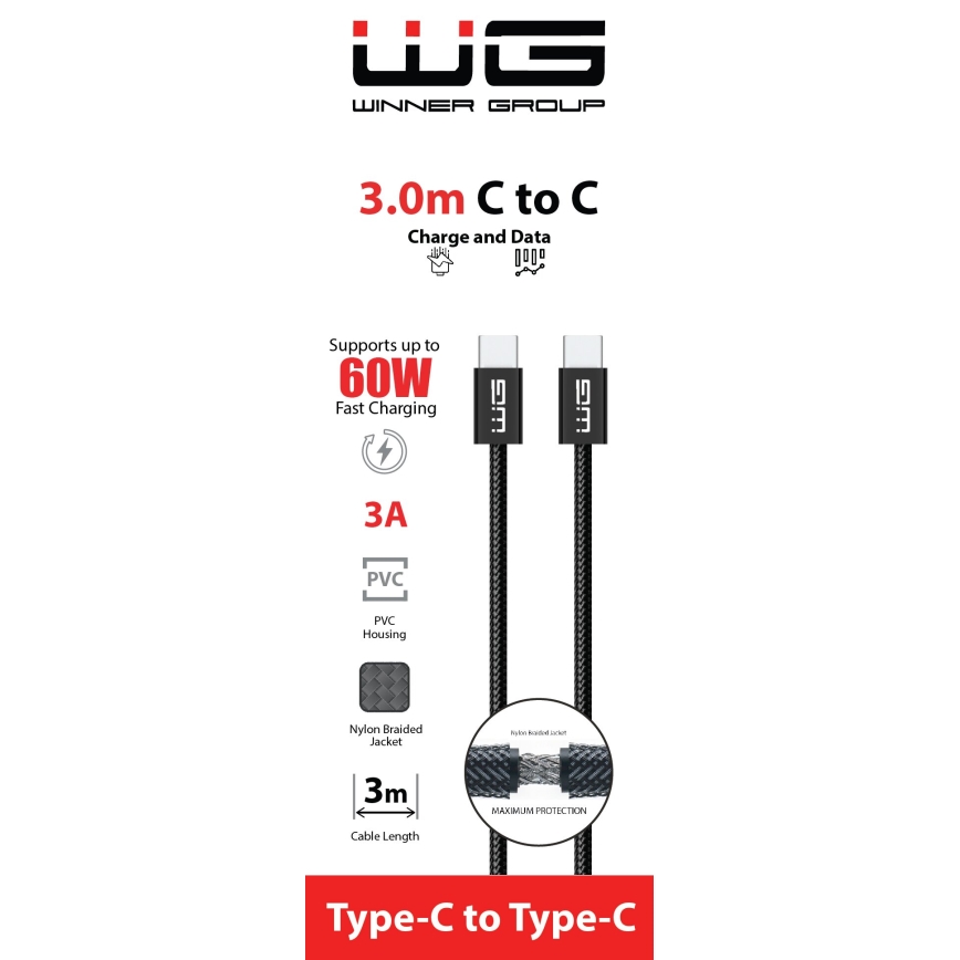 Winner Group - USB кабел USB-C / USB-C 60W 3m черен