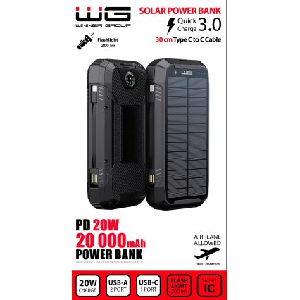 Winner Group - Външна батерия с безжично зареждане и соларен панел 20000 mAh 20W PD
