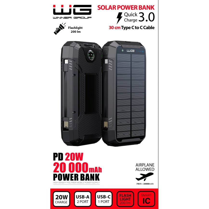 Winner Group - Външна батерия с безжично зареждане и соларен панел 20000 mAh 20W PD