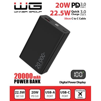 Winner Group - Външна батерия с дисплей 20000 mAh 20W Power Delivery черен
