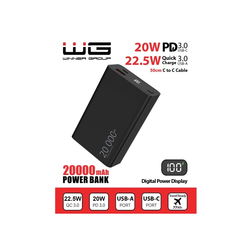 Winner Group - Външна батерия с дисплей 20000 mAh 20W Power Delivery черен