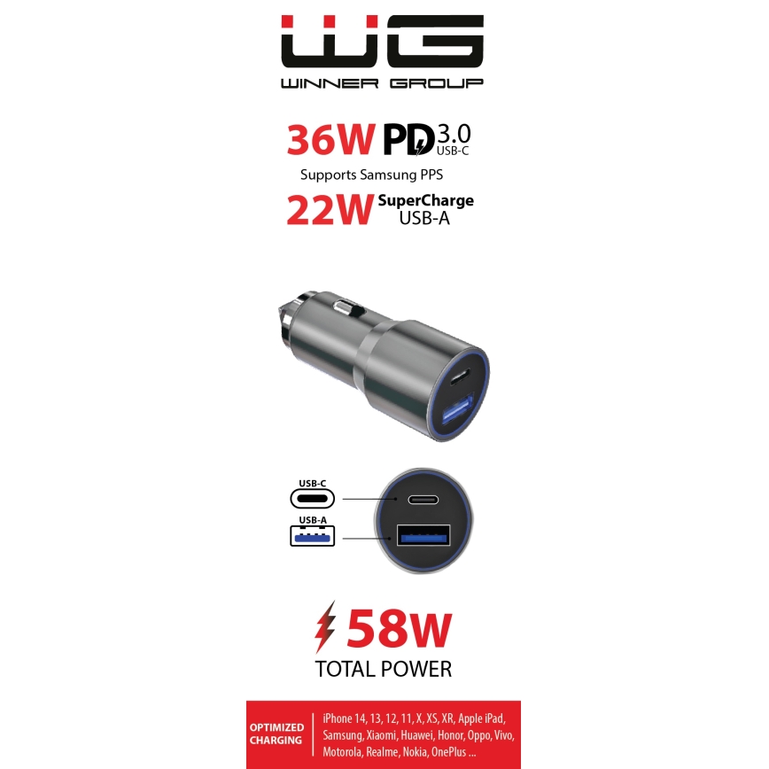 Winner Group - Зарядно за кола 1xUSB-C + 1xUSB-A Power Delivery 58,5W сребрист