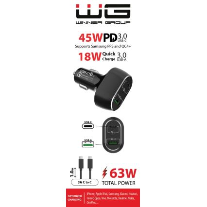 Winner Group - Зарядно за кола 1xUSB-C + 1xUSB-A Power Delivery 63W + USB кабел USB-C / USB-C 1 m черен