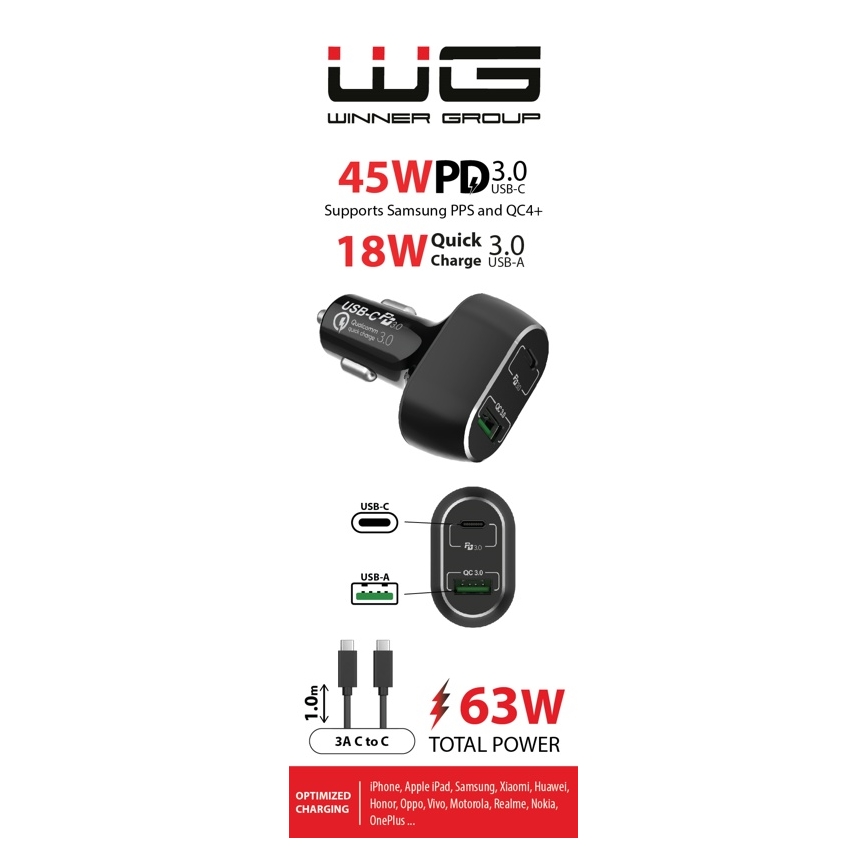 Winner Group - Зарядно за кола 1xUSB-C + 1xUSB-A Power Delivery 63W + USB кабел USB-C / USB-C 1 m черен
