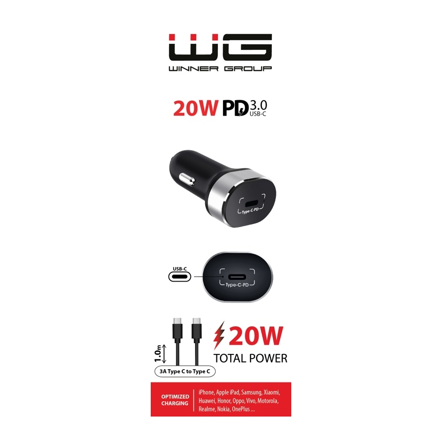Winner Group - Зарядно за кола 1xUSB-C Power Delivery 20W + USB кабел USB-C / USB-C 1 m черен