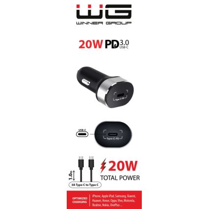 Winner Group - Зарядно за кола 1xUSB-C Power Delivery 20W + USB кабел USB-C / USB-C 1 m черен