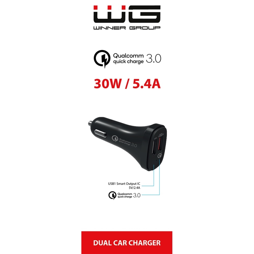 Winner Group - Зарядно за кола 2xUSB-A Power Delivery 30W черен