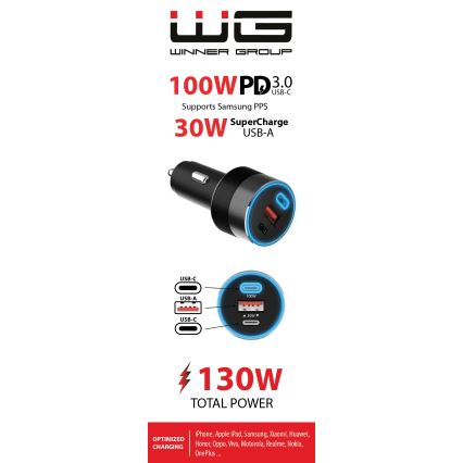 Winner Group - Зарядно за кола 2xUSB-C + 1xUSB-A Power Delivery 130W черен