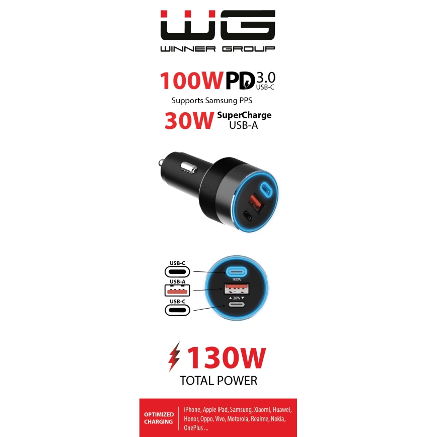 Winner Group - Зарядно за кола 2xUSB-C + 1xUSB-A Power Delivery 130W черен