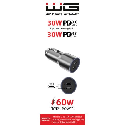 Winner Group - Зарядно за кола 2xUSB-C Power Delivery 60W сребрист