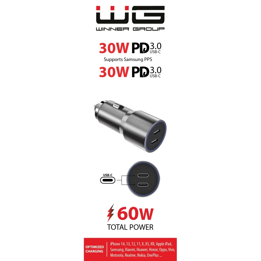 Winner Group - Зарядно за кола 2xUSB-C Power Delivery 60W сребрист