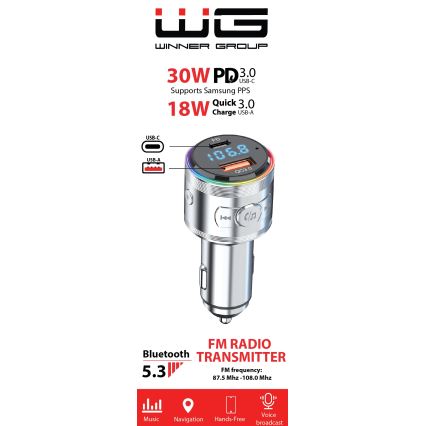 Winner Group - Зарядно за кола с FM предавател и функция handsfree 20W, сребристо