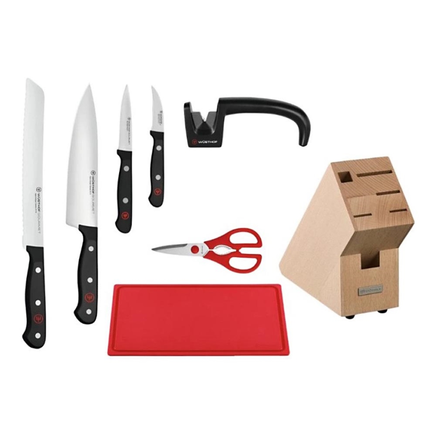 Wüsthof - Комплект кухненски ножове в блок GOURMET с точило и дъска за рязане, 8 части