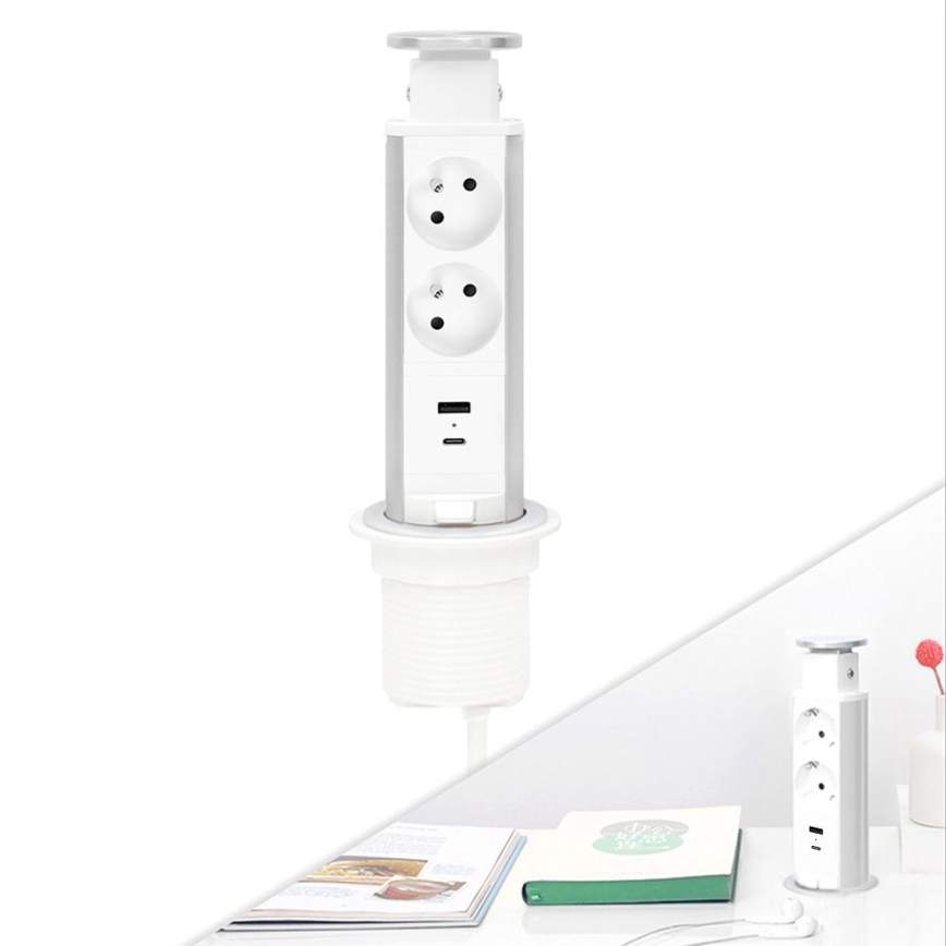 Захранващ стълб за монтаж върху плот на бюро — 2 x 230 V + USB-A + USB-C