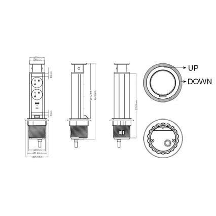 Захранващ стълб за монтаж върху плот на бюро — 2 x 230 V + USB-A + USB-C