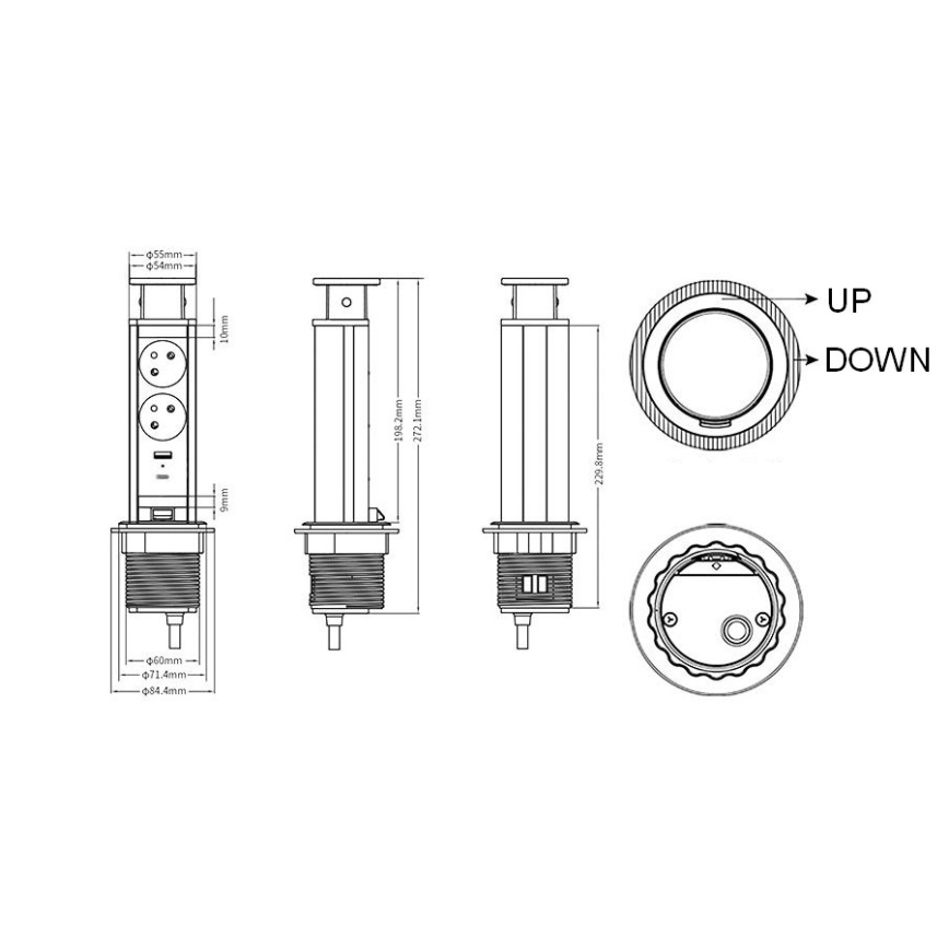 Захранващ стълб за монтаж върху плот на бюро — 2 x 230 V + USB-A + USB-C