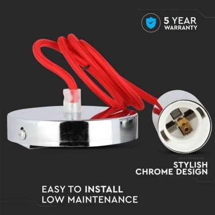 Захранващ кабел 1xE27/60W/230V червен/лъскав хром