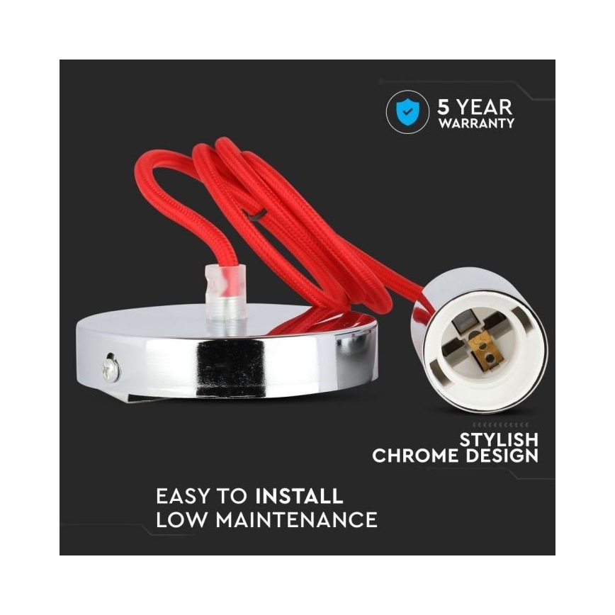 Захранващ кабел 1xE27/60W/230V червен/лъскав хром