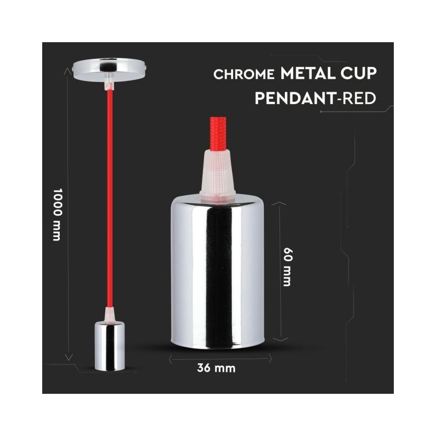 Захранващ кабел 1xE27/60W/230V червен/лъскав хром