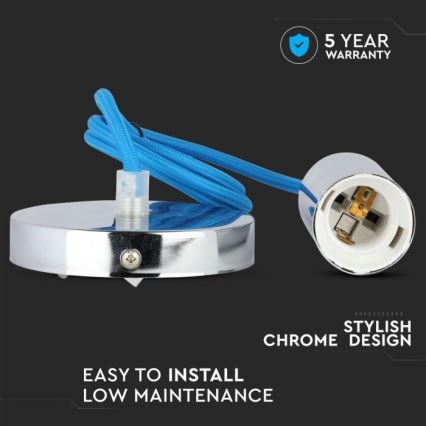 Захранващ кабел 1xE27/60W/230V син/лъскав хром