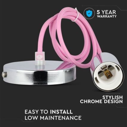 Захранващ кабел 1xE27/60W/230V светлорозов/лъскав хром
