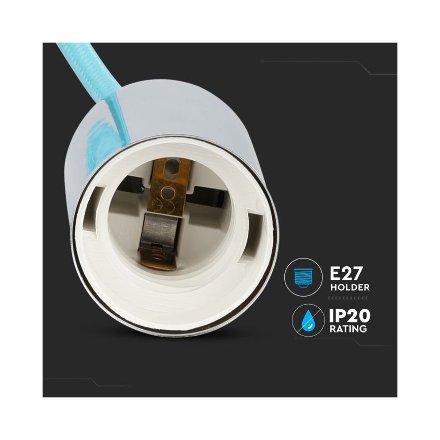 Захранващ кабел 1xE27/60W/230V светлосин/лъскав хром